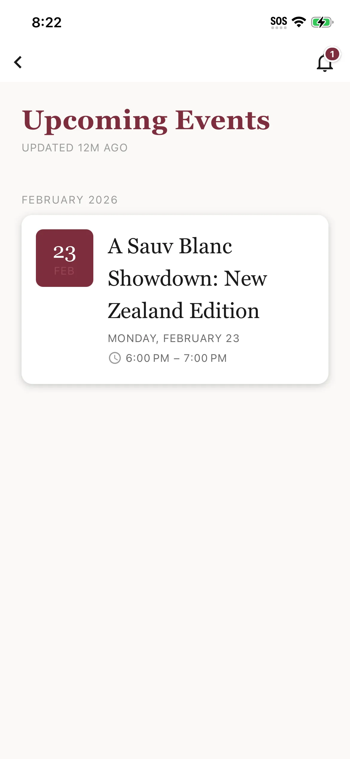 App upcoming events screen