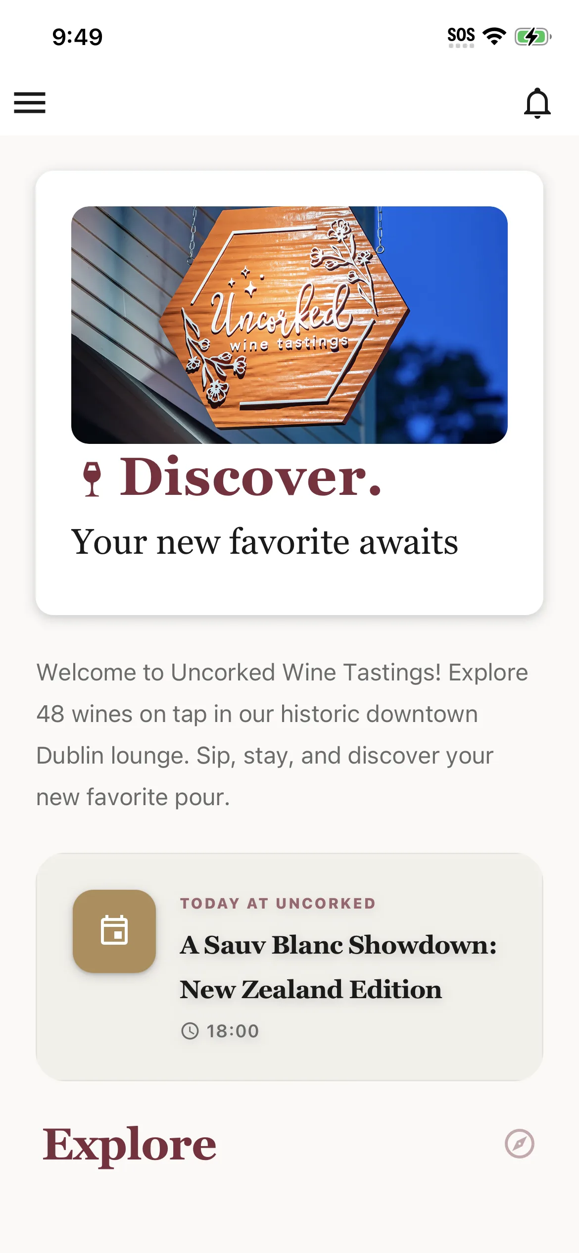 App home screen showing Discover and Today at Uncorked