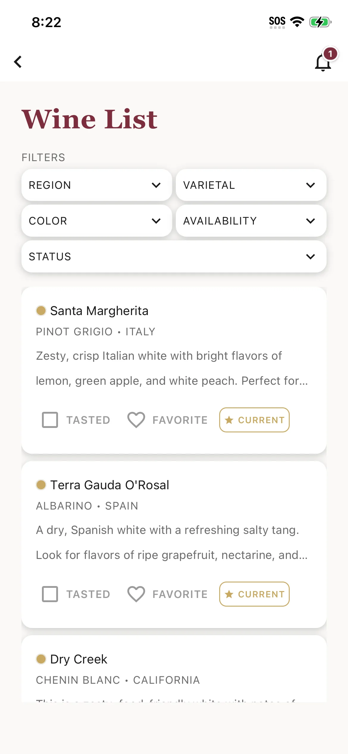 App wine list screen with filters and tasting notes
